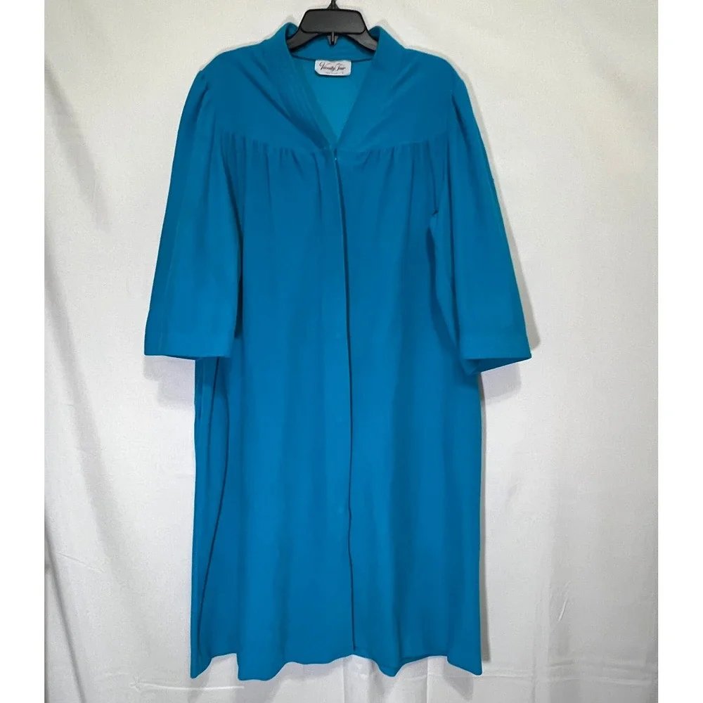 Vintage Vanity Fair Robe Size L Blue Snap Front Pockets Housecoat USA Made 80s